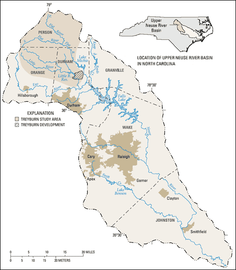 Map of the upper Neuse River Basin in North Carolina and of the Treyburn development in the upper Neuse River Basin.