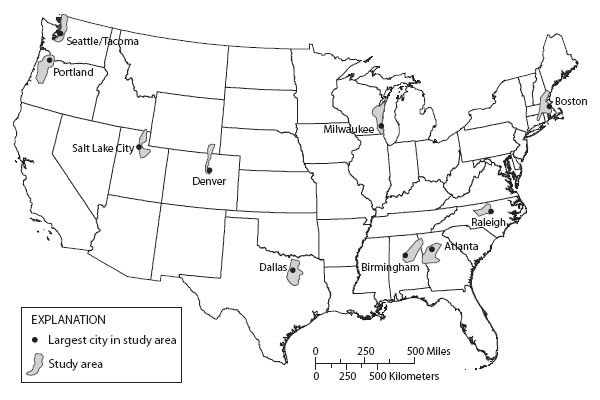 Map of United States showing study locations in Seattle-Tacoma, Portland, Salt Lake City, Denver, Dallas-Fort Worth, Milwaukee-Green Bay, Birmingham, Atlanta, Raleigh, and Boston