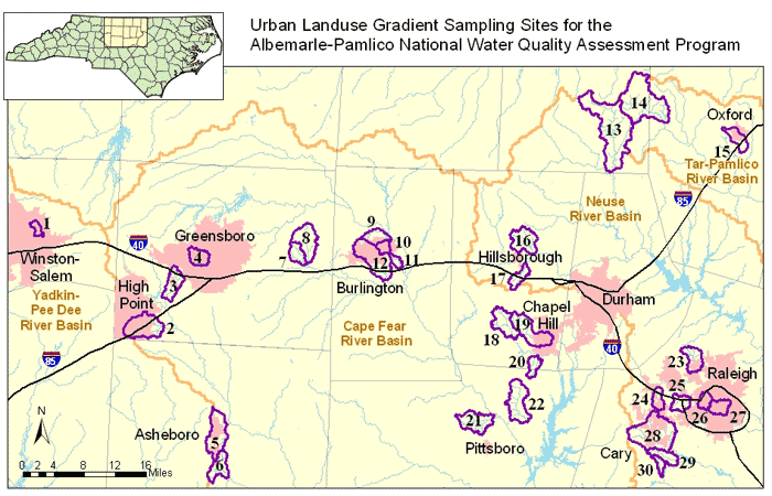 Map of upper Piedmont region of North Carolina showing study basin locations