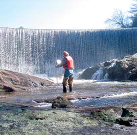 Photograph of a USGS scientist making discharge measurements in the Cullasaja River.