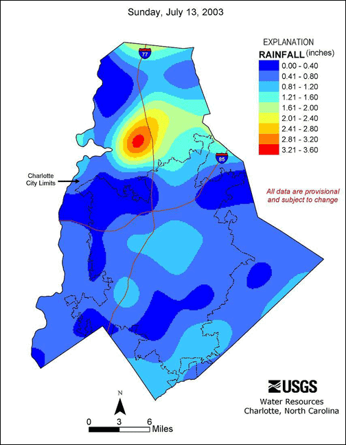 Rainfall distribution map for July 13, 2003 storm