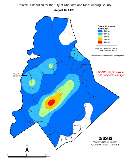 Distribution interval map for August 16, 2009 storm