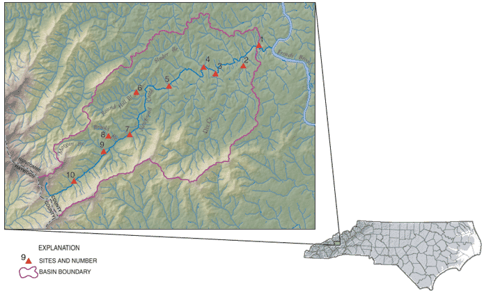 Shaded relief map of sites within the Newfound Creek watershed, including inset map showing the location of Newfound Creek watershed in North Carolina 