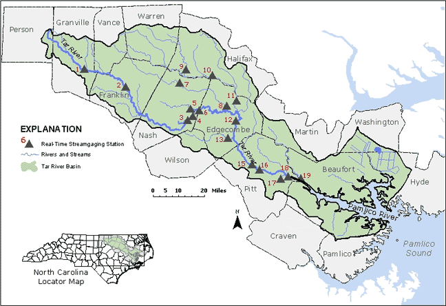 Map showing Tar River Basin and the location of USGS real-time gaging stations used by the Flood Inundation Mapping project.