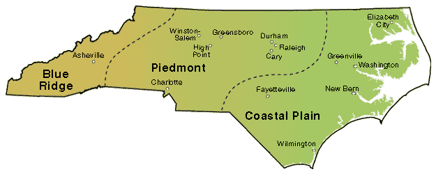 Map of North Carolina showing major physiographic regions