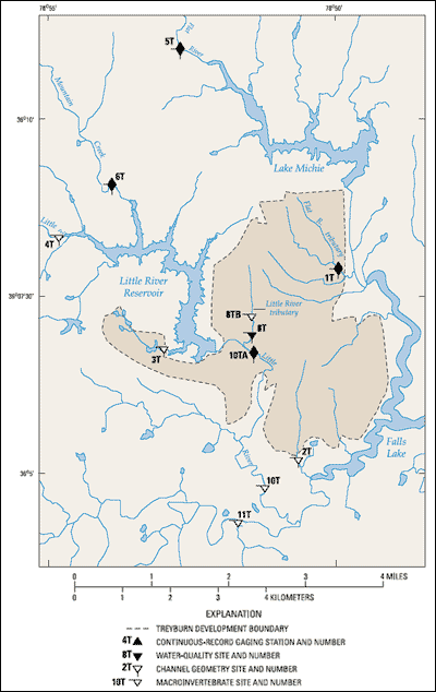 Close-up map of Treyburn development area showing the location of study sites