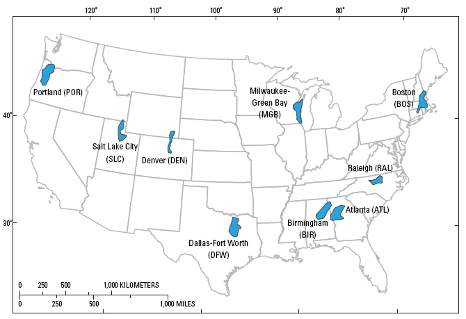 Map of United States showing study locations in Atlanta, Birmingham, Boston, Dallas, Denver, Milwaukee, Portland, Raleigh, and Salt Lake City
