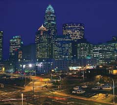 Photograph of the city of Charlotte, North Carolina, skyline taken at night.