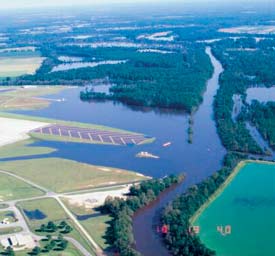 Aerial photograph of flooding at the Greenville Airport on the Tar River, September 1999.