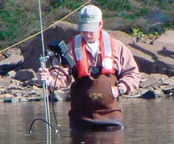 Photograph of a USGS hydrologist making a wading discharge measurement.