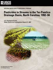 Front cover of printed report showing application of pesticides to cropland in the Tar-Pamlico drainage basin, North Carolina.