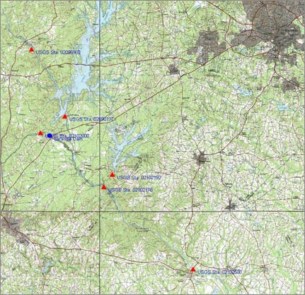 Cape Fear River between B. Everett Jordan Lake and Lillington with gage locations